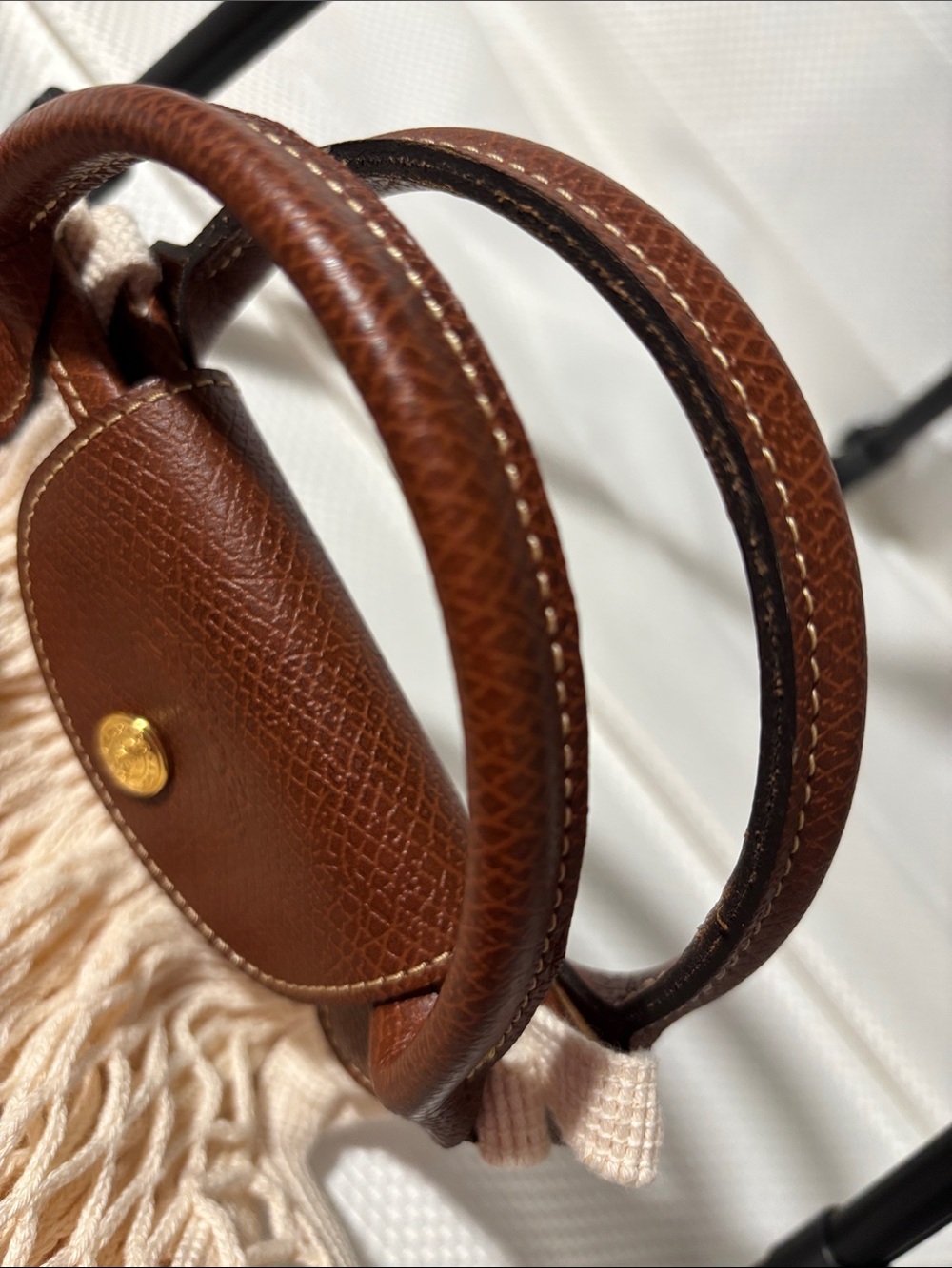 Longchamp Cream Knit Net Tote with Brown Leather Trim - Picture 3 of 5
